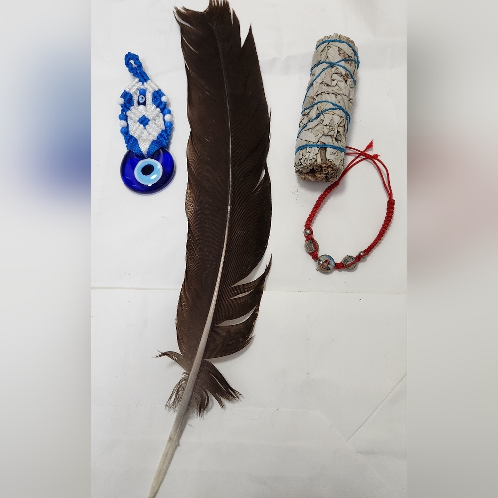 Macrame Good Luck Evil Eye Amulet, Bracelet, sage and Feather.